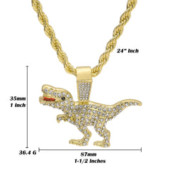 T-Rex Flooded Pendant Rope Necklace Chain Men's Gold Hip Hop 18k Cz Jewelry