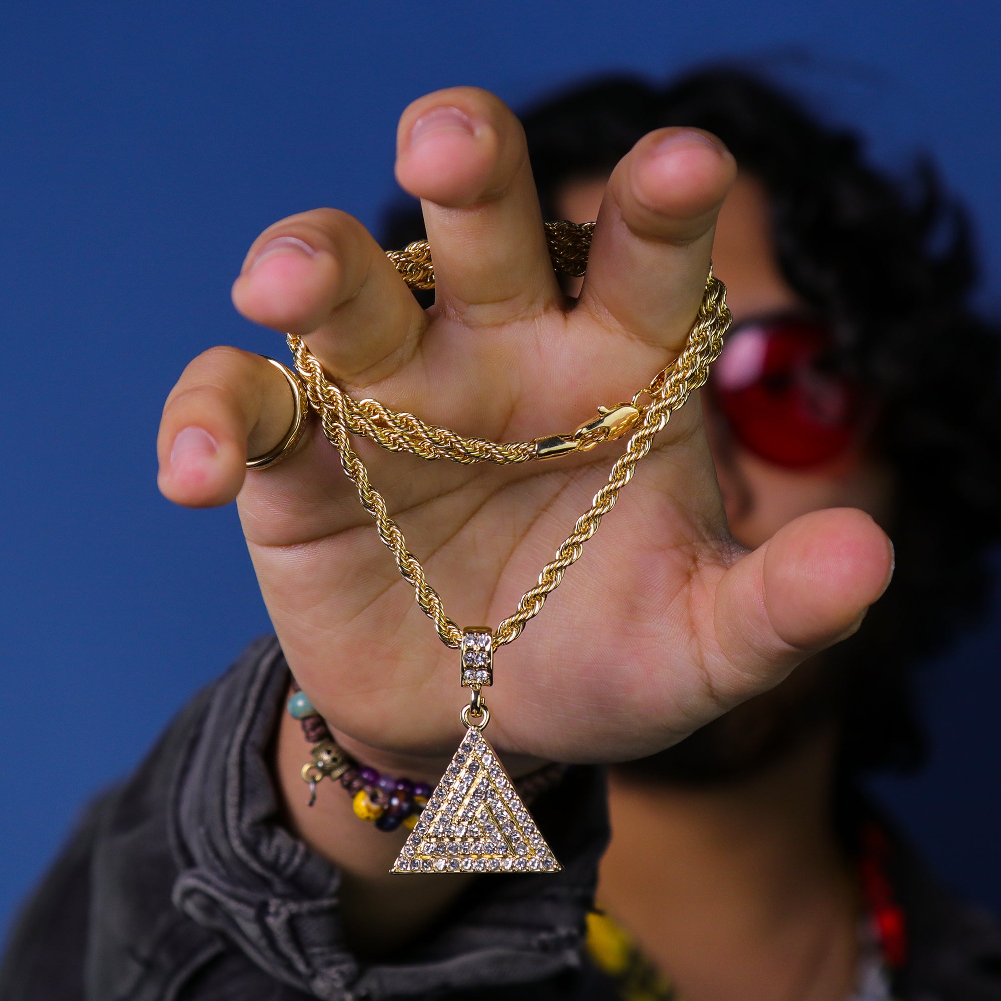 Triangle Pattern Pyramid Pendant 24" Rope Chain Hip Hop 18k Jewelry