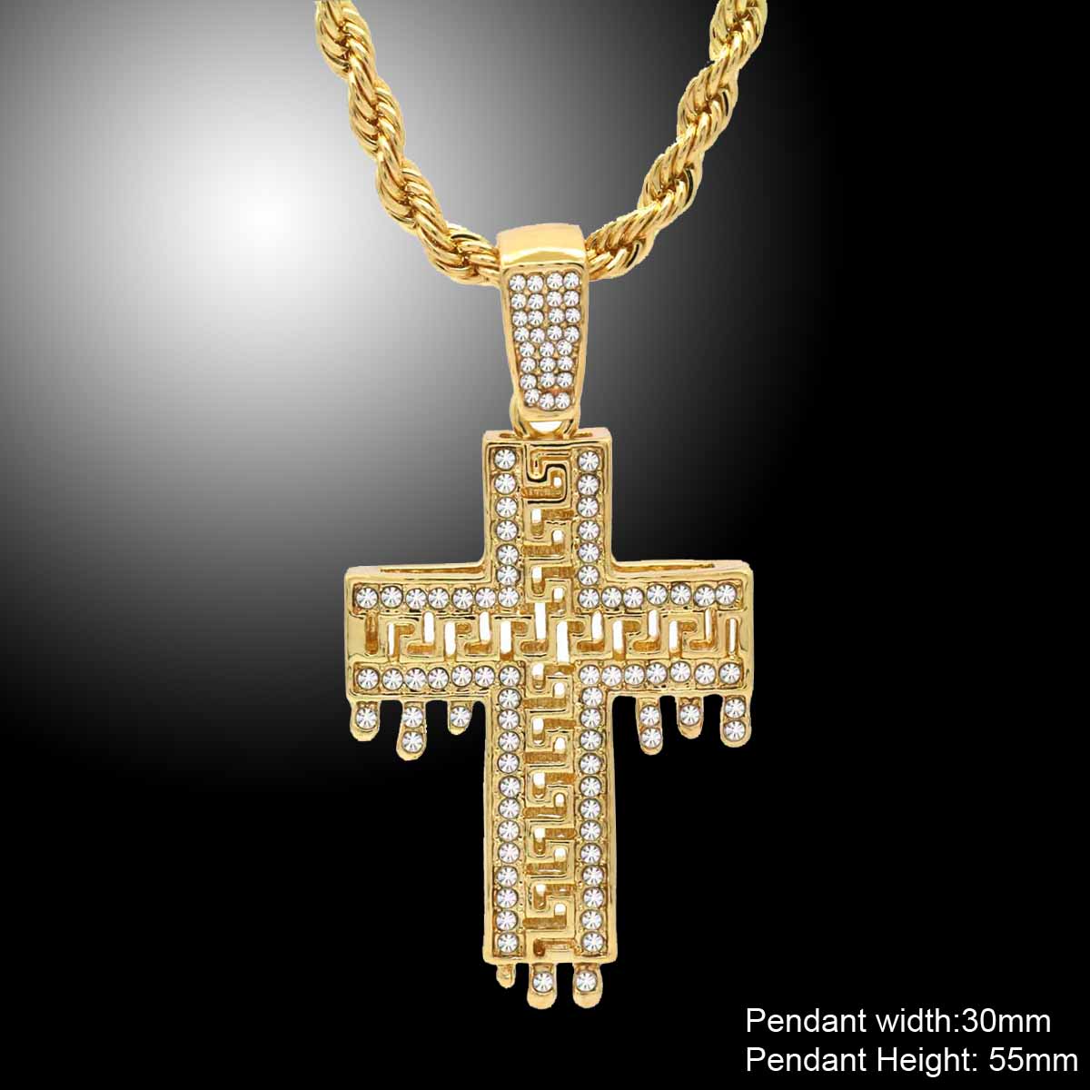 DRIP DESIGN CROSS PENDANT WITH GOLD ROPE CHAIN