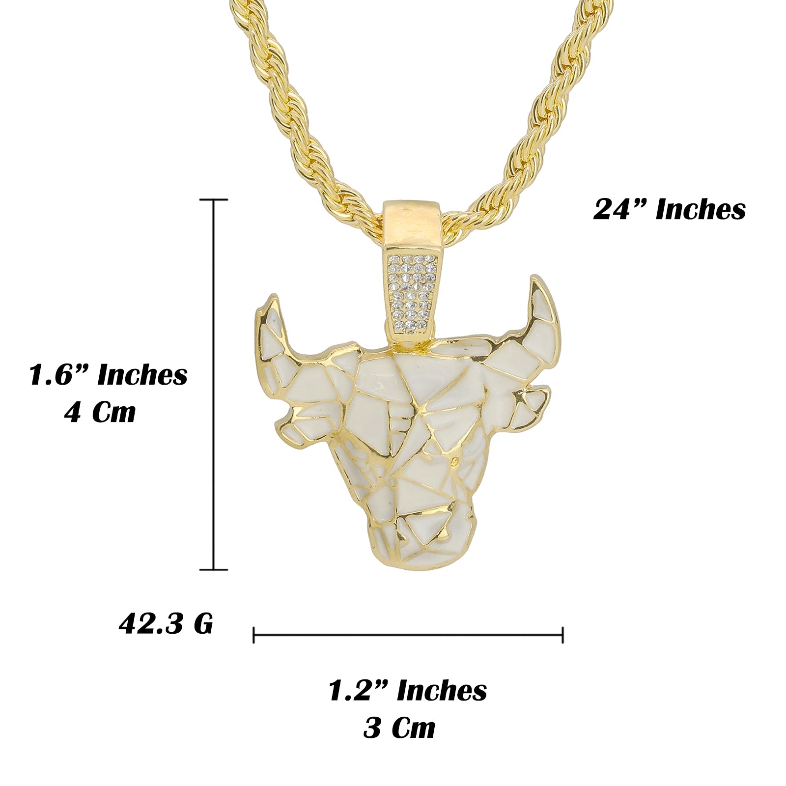 White & Gold Bull Pendant 24" Rope Chain Hip Hop 18k Jewelry