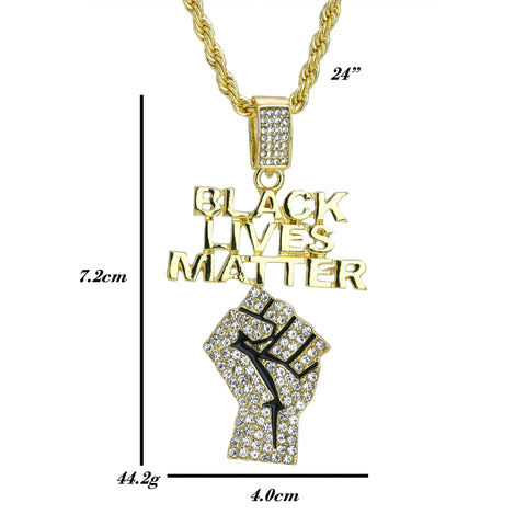 Iced BLM Fist Letter Pendant 24"Rope Chain Hip Hop Style 18k Gold Plated