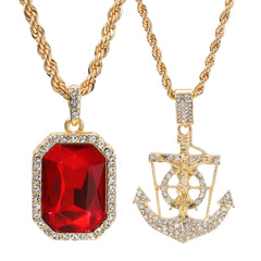 Gold Plated Red Stone & Jesus Anchor Pendant Cubic-Zirconia Rope Chain