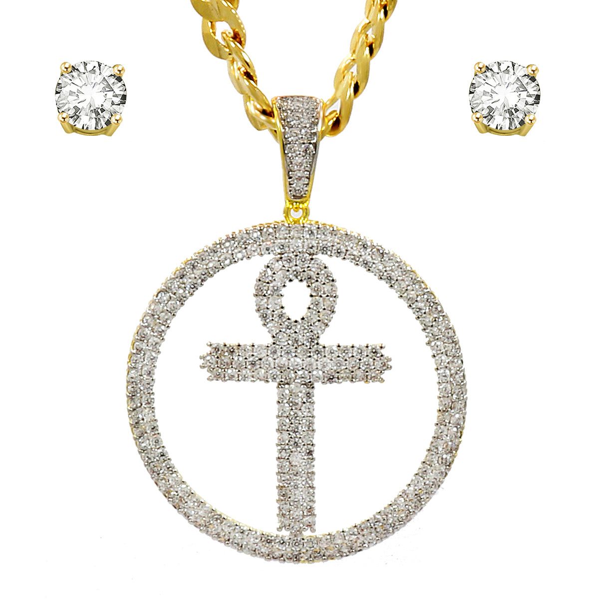 CZ ANKH PENDANT WITH FREE CHAIN AND EARRINGS