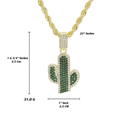 Green Cactus Cz Pendant Rope Chain Men's Hip Hop 18k Cz Jewelry