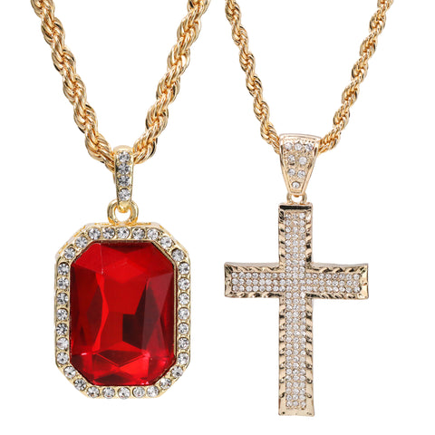 Gold Plated Red Stone & 3 Row Cross Pendant Cubic-Zirconia Rope Chain