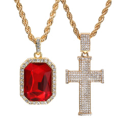 Gold Plated Red Stone & Iced Staple Cross Pendant Cubic-Zirconia Rope Chain