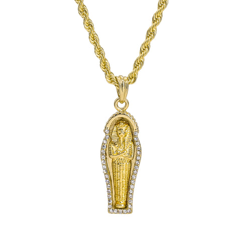 Cz Border Sarcophagus Pendant 24" Rope Chain Hip Hop Style 18k Gold Plated
