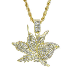 Iced Marijuana Leaf Pendant 24"Rope Chain Hip Hop Style 18k Gold Plated