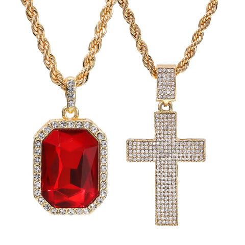 Gold Plated Red Stone & Iced Flat Cross Pendant Cubic-Zirconia Rope Chain