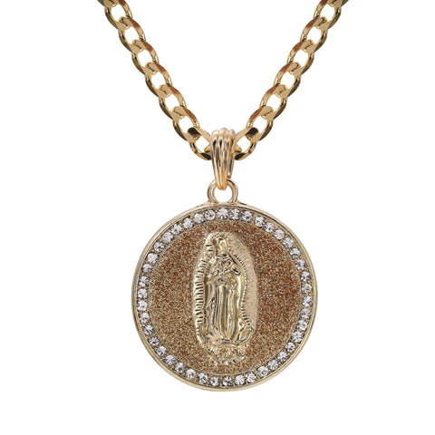 Catholic Round Gold Guadalupe Pendant Cubic-Zirconia Gold Plated 18" Cuban Chain