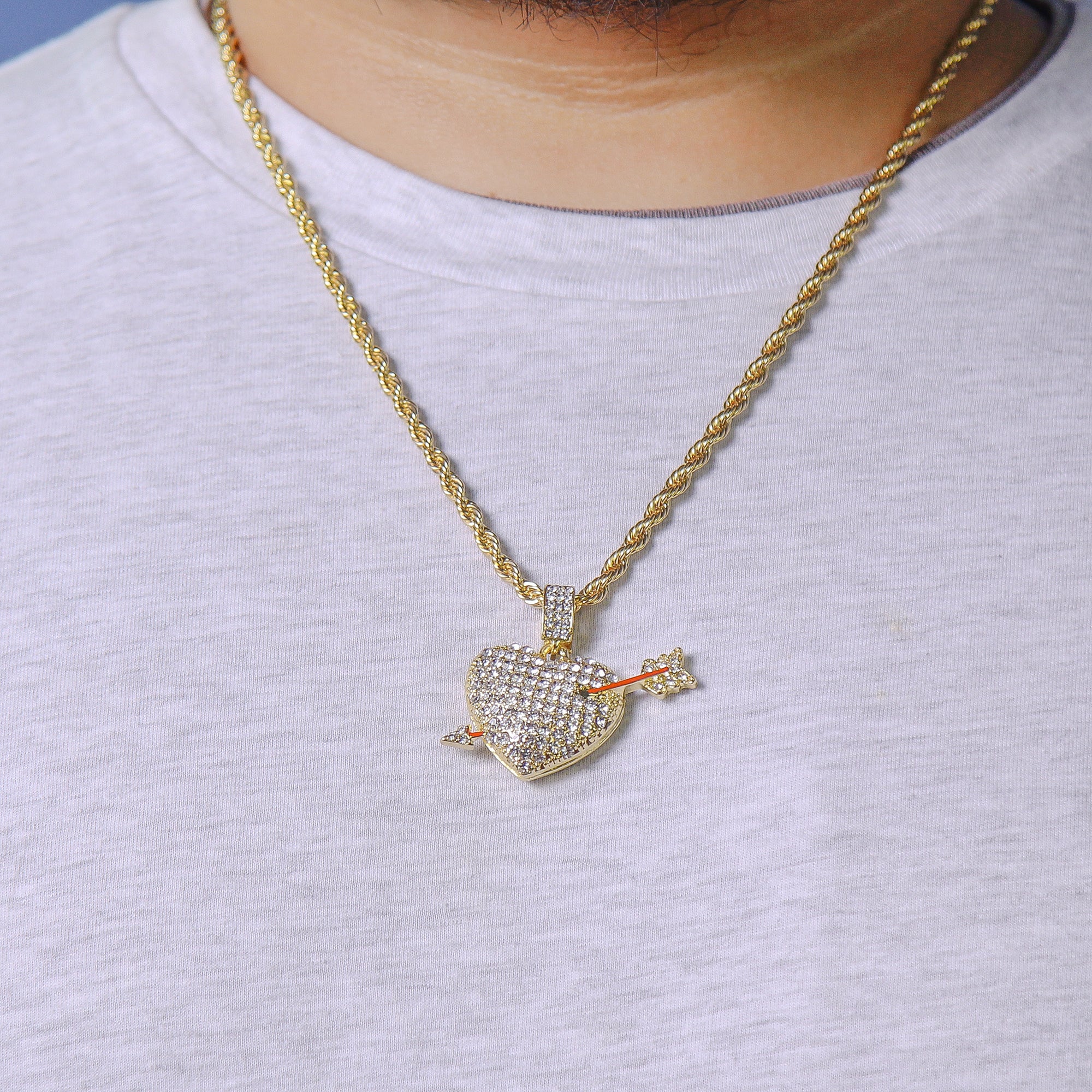 Arrow & Heart Pendant Rope Chain Men's Hip Hop 18k Cz Jewelry Necklace