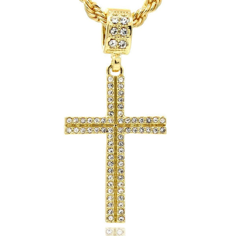 2LINE CROSS PENDANT WITH GOLD ROPE CHAIN