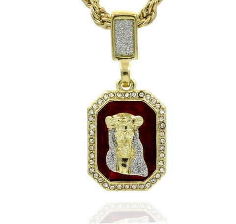 RUBY JESUS PENDANT WITH GOLD ROPE CHAIN