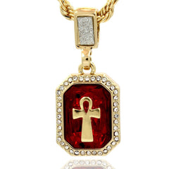 RED RUBY ANKH CROSS PENDANT WITH GOLD ROPE CHAIN