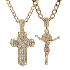 Jesus Crucifix & Hollow X Cross Pendant 20, 24" Cubic-Zirconia Gold Plated