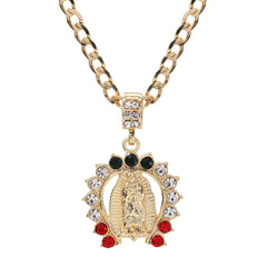 Catholic Guadalupe Colorful Horse Shoe Pendant Cubic-Zirconia Gold Plated 18" Cuban Chain