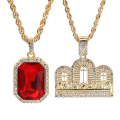 Gold Plated Red Stone & Last Supper Temple Pendant Cubic-Zirconia Rope Chain