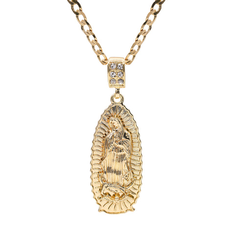 Catholic Long Oval Guadalupe Pendant Cubic-Zirconia Gold Plated 20" Cuban Chain