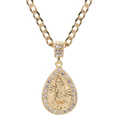 Catholic Guadalupe Drop Pendant Cubic-Zirconia Gold Plated 20" Cuban Chain Charm