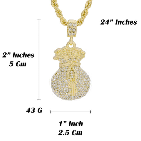 Money Bag Pendant Rope Chain Men's Hip Hop 18k Cz Jewelry Necklace Choker