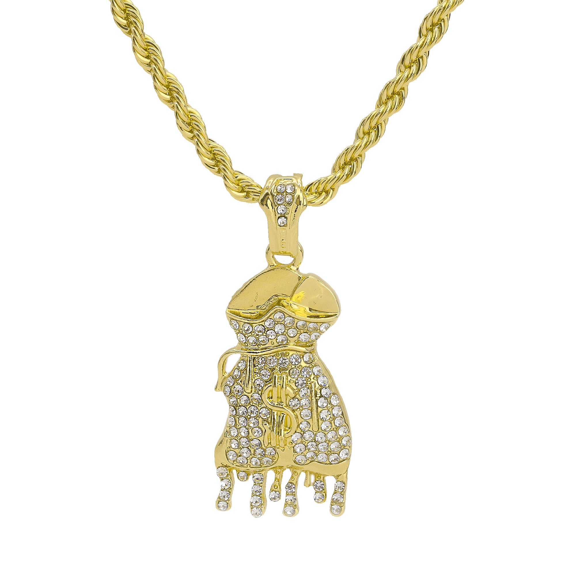 Drip Money Bag Flooded Pendant Rope Necklace Chain Men's Gold Hip Hop 18k Cz Jewelry