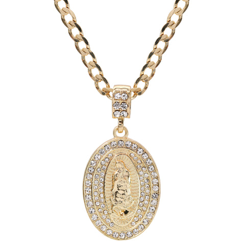 Catholic Guadalupe Oval Pendant Cubic-Zirconia Gold Plated 20" Cuban Chain Charm
