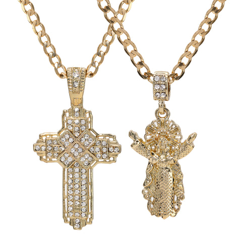 Catholic Risen Jesus & Hollow X Cross Pendant Cubic-Zirconia Gold Plated