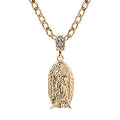 Catholic Thick Oval Guadalupe Pendant Cubic-Zirconia Gold Plated 20" Cuban Chain