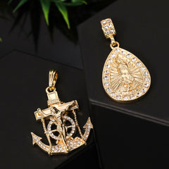 Jesus Anchor & Rain Drop Mary Pendant Gold Plated 24 30 Rope Chain Cubic-Zirconia