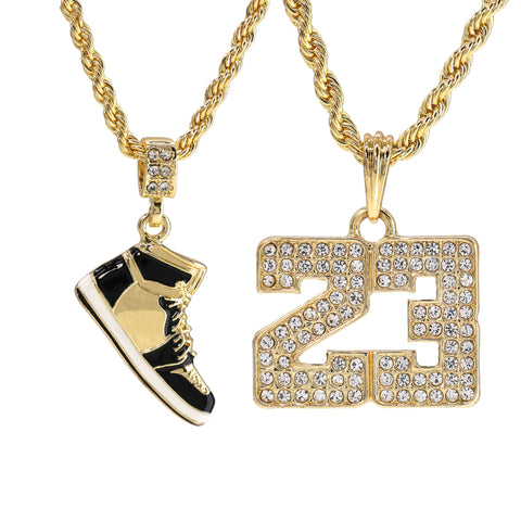 23 & Retro 1 Black Shoe Pendant Men's Gold Plated 24 Rope Chain Hip-Hop Necklace