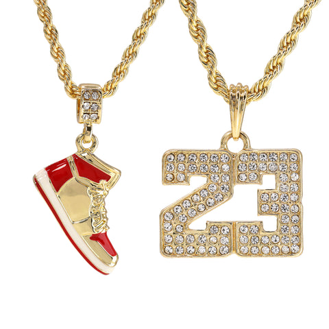 23 & Retro 1 Red Shoe Pendant Men's Gold Plated 24 Rope Chain Hip-Hop Necklace