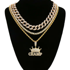 CHAMP 4 Pcs Set Cuban, Tennis & Rope Chain Bundle Gold PT