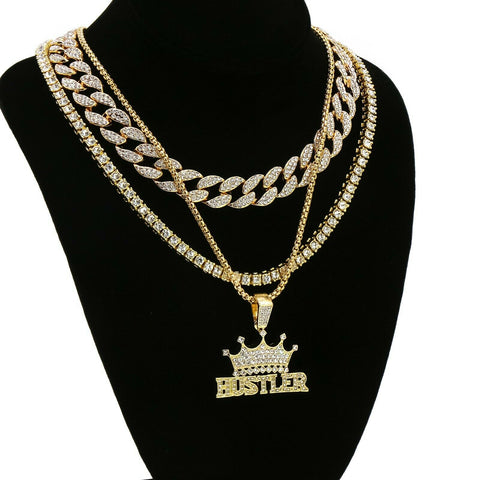 Hustler 4 Pcs Set Cuban, Tennis & Round Box Chain Bundle Gold PT