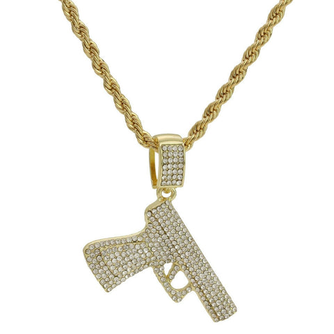 14k Gold Plated Hip-Hop Cz Pistole Pendant 20" Choker Rope Chain Necklace