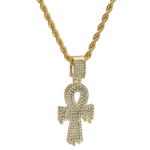 14k Gold Plated Hip-Hop CZ Drip Ankh Pendant 20" Choker Rope Chain Necklace