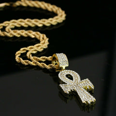14k Gold Plated Hip-Hop CZ Drip Ankh Pendant 20" Choker Rope Chain Necklace