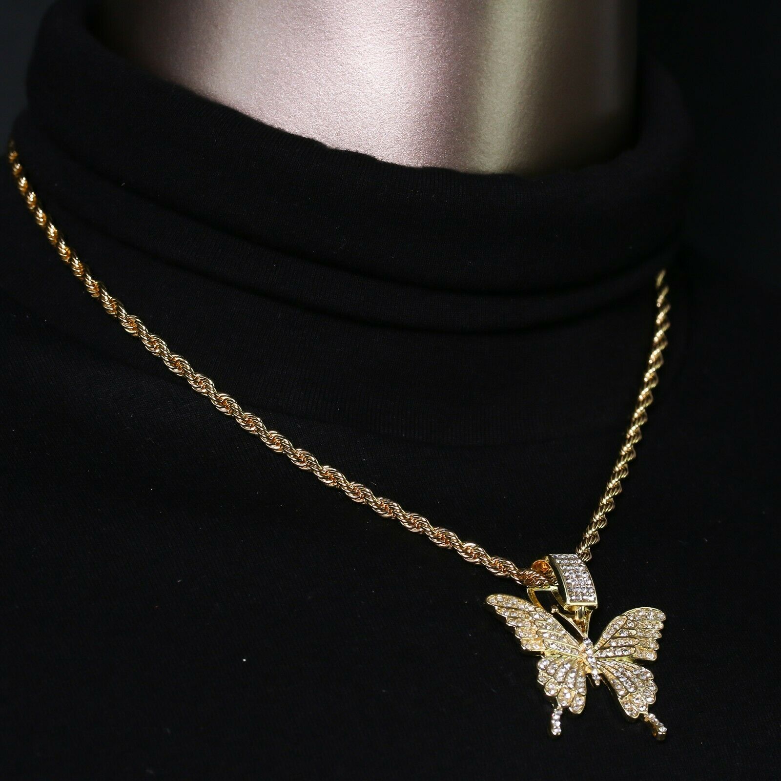 14k Gold Plated Hip-Hop CZ Butterfly Pendant 20" Choker Rope Chain Necklace