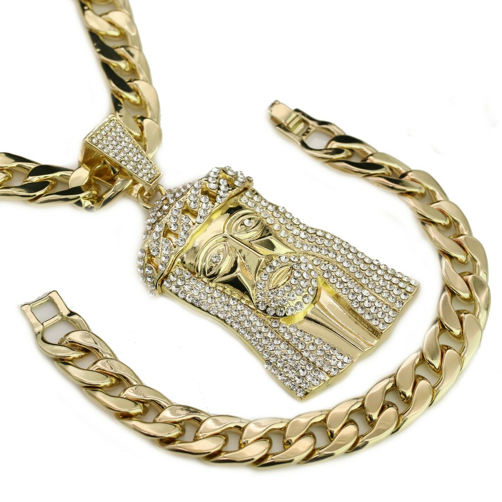 Men's 14k Gold Plated XL Cz Flat Cuban Crown Jesus Pendant 24 Cuban Chain & Bracelet