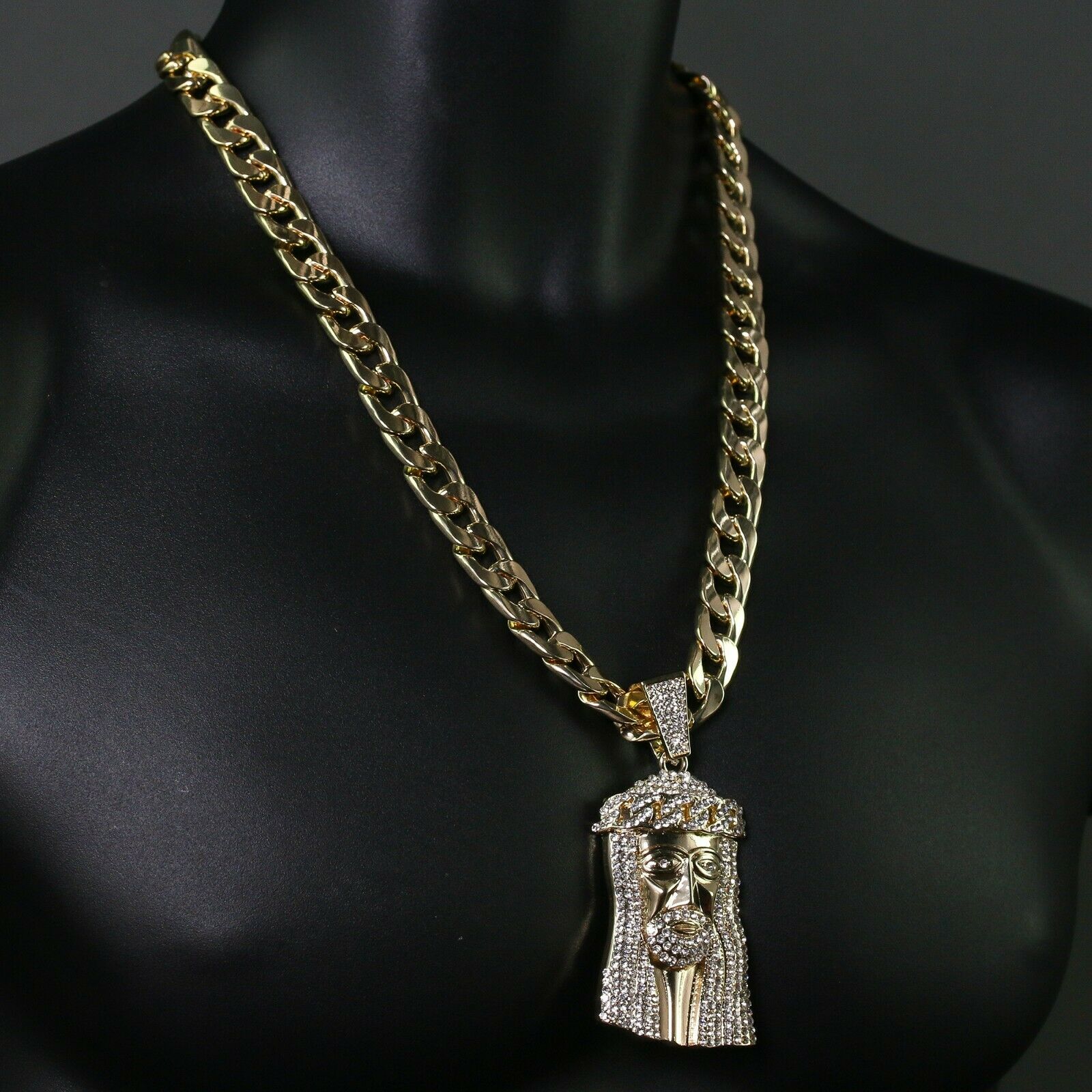 Men's 14k Gold Plated XL Cz Flat Cuban Crown Jesus Pendant 24 Cuban Chain & Bracelet