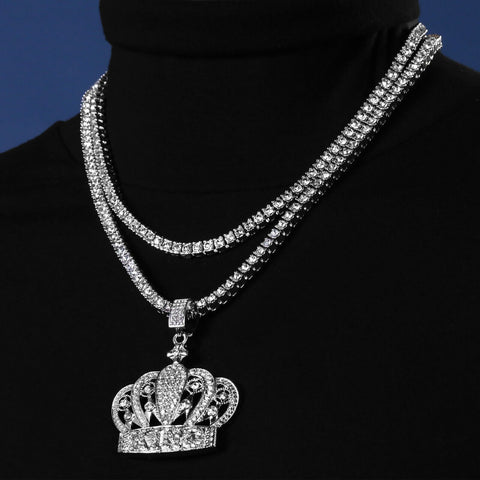 Cubic-Zirconia King Crown Pendant Silver Plated ICED Two Tennis 18", 20" Chain