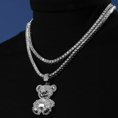 Fully Cubic-Zirconia Teddy Bear Pendant Silver Plated Two Tennis 18", 20" Chain