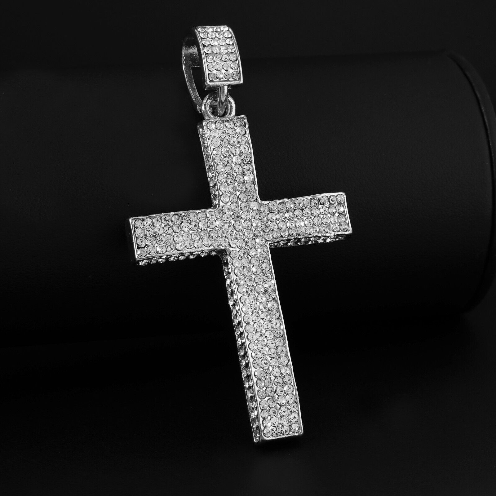 Fully Cubic-Zirconia 3D Cross Pendant Silver Plated ICED Two Tennis 18", 20" Chain