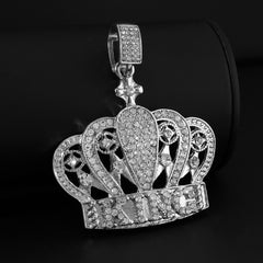 Cubic-Zirconia King Crown Pendant Silver Plated ICED Two Tennis 18", 20" Chain