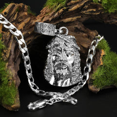 Cubic-Zirconia Jesus Face Pendant Silver Plated Cuban Choker 18" Chain
