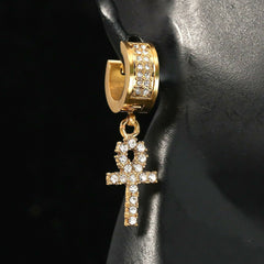 Cubic-Zirconia Gold Stainless Steal 2 Row Ankh Huggie Hoop Dangle Earrings