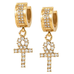 Cubic-Zirconia Gold Stainless Steal 2 Row Ankh Huggie Hoop Dangle Earrings