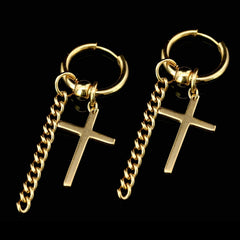 Cross Dangle/Cuban 18k Gold Stainless Steel Plain Earring