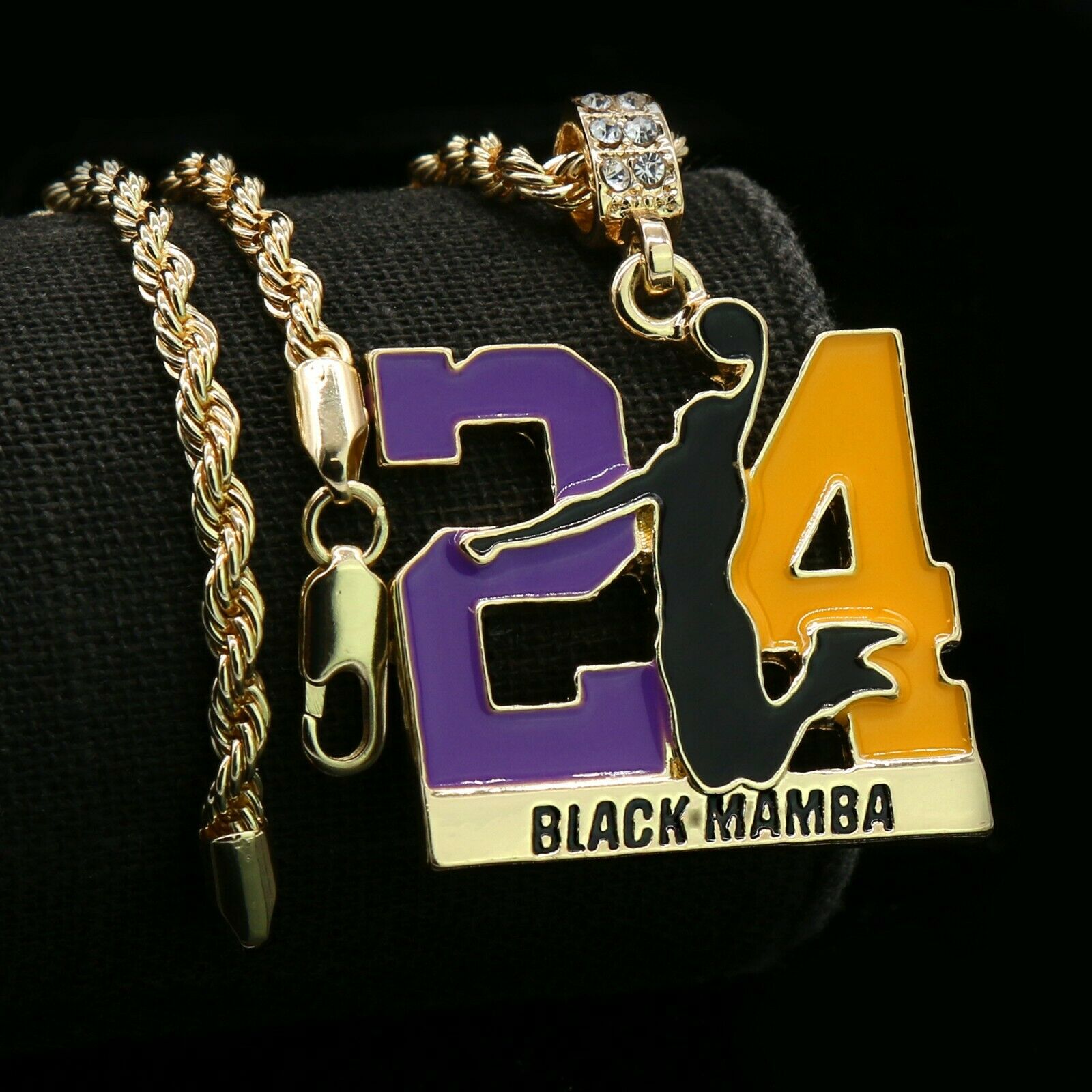 Gold / Purple #24 Jump CZ Man Basketball Pendant with Rope Chain