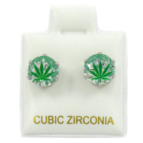 Silver Cz Green Marijuana Stamp