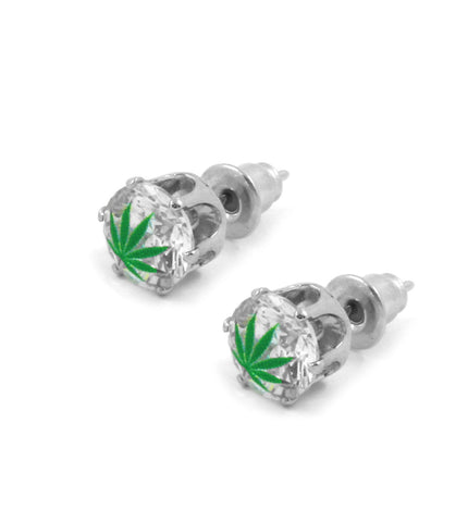 Silver Cz Green Marijuana Stamp